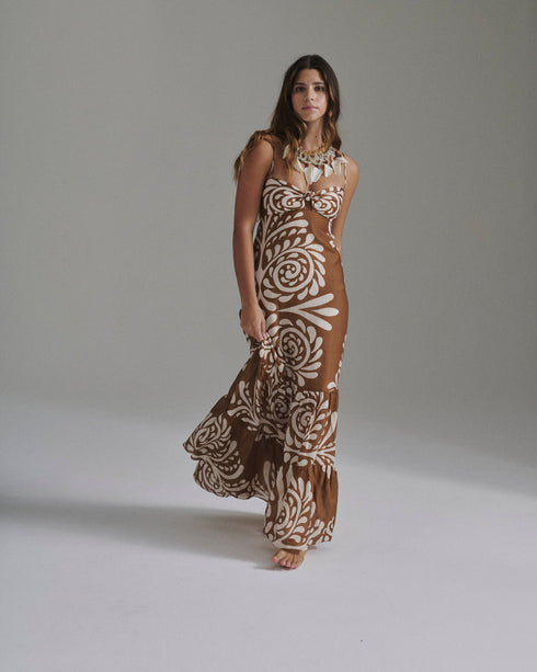 Julieta Cotton Silk Maxi Dress / Brown Arabesque
